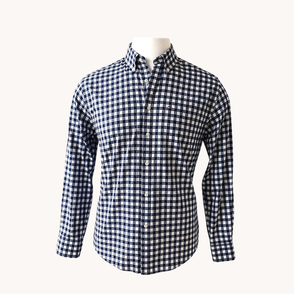 Tommy Hilfiger Mens S Regular Fit Navy Gingham Oxford Button Down Shirt Cotton